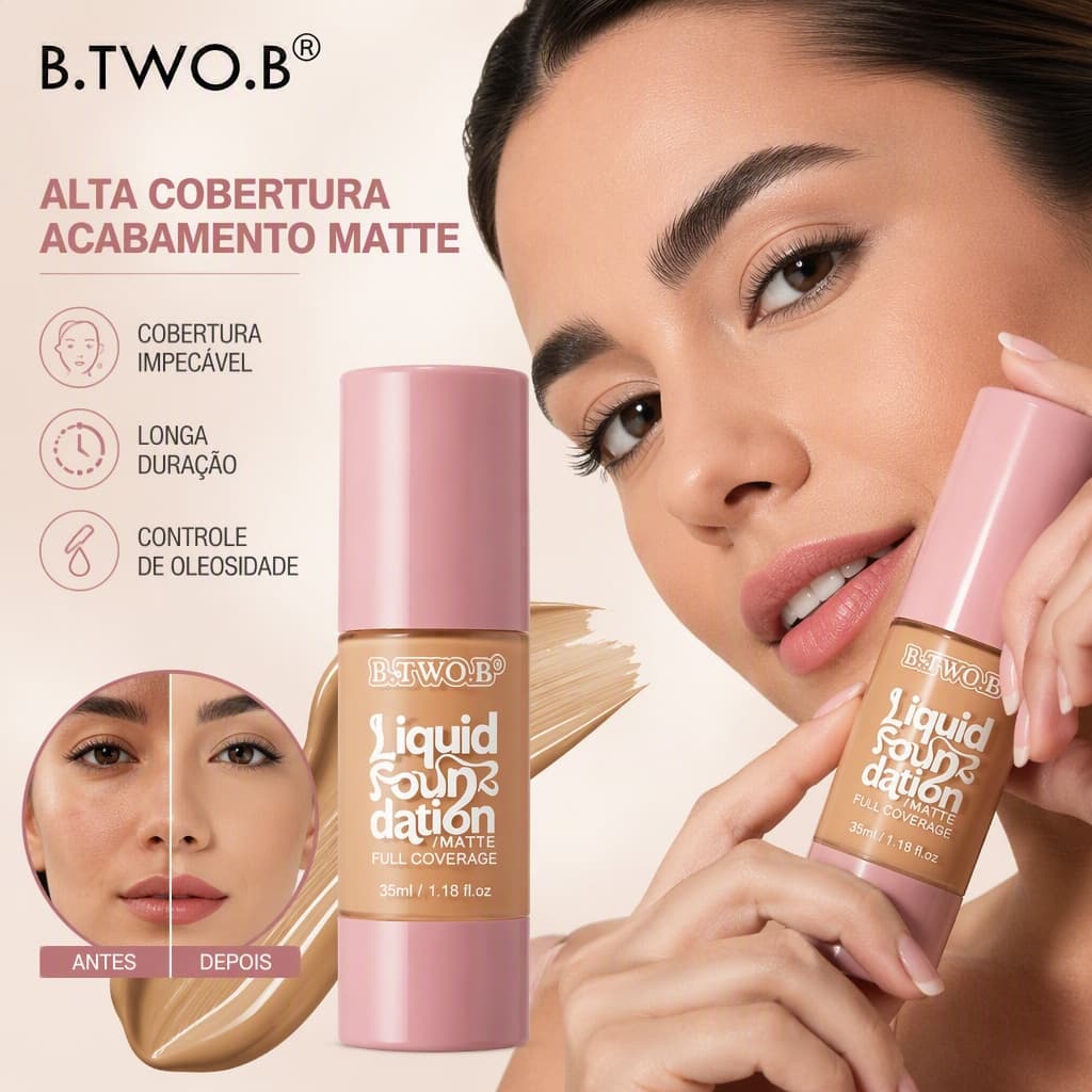 B.TWO.B Base Líquida Matte Alta Cobertura Full Coverage Acabamento Matte Natural Longa Duração 35ml