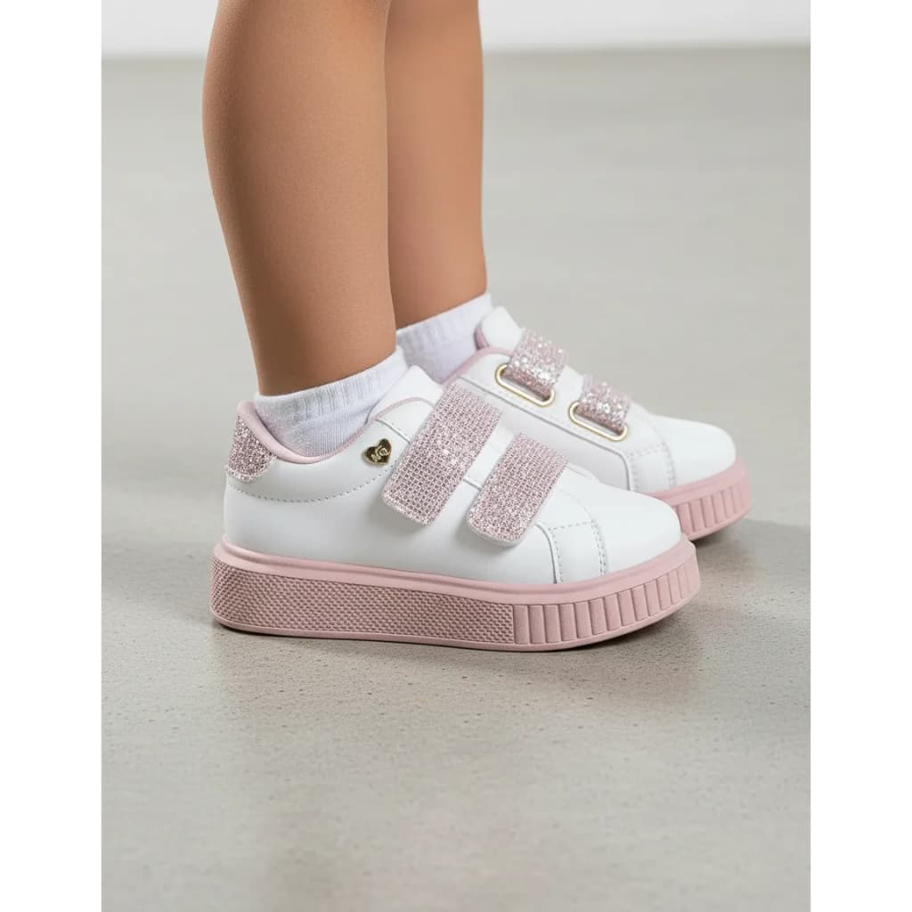 Tênis Casual Infantil Feminino Menina Juliette Branco Glitter Casual Calce Fácil Velcro Escolar Confortável e Macio