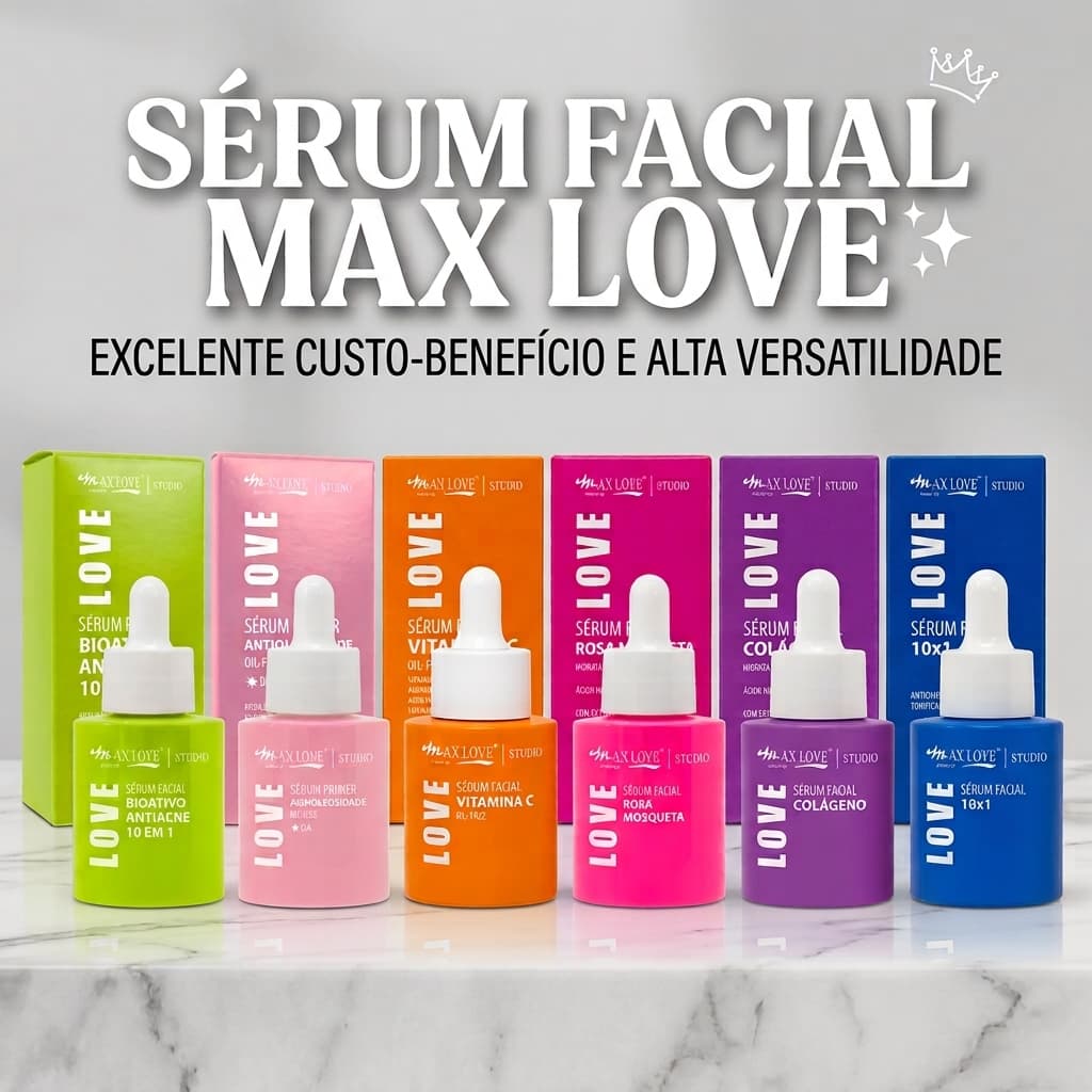 Sérum Facial Hidratante Max Love 30ml Rosa Mosqueta Antiacne Ácido Hialurônico Vitamina C
