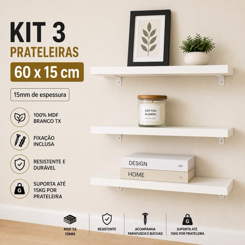 Kit 3 Prateleiras Brancas MDF 60x15cm – Prateleira de Parede com Suportes e Fixação Inclusa