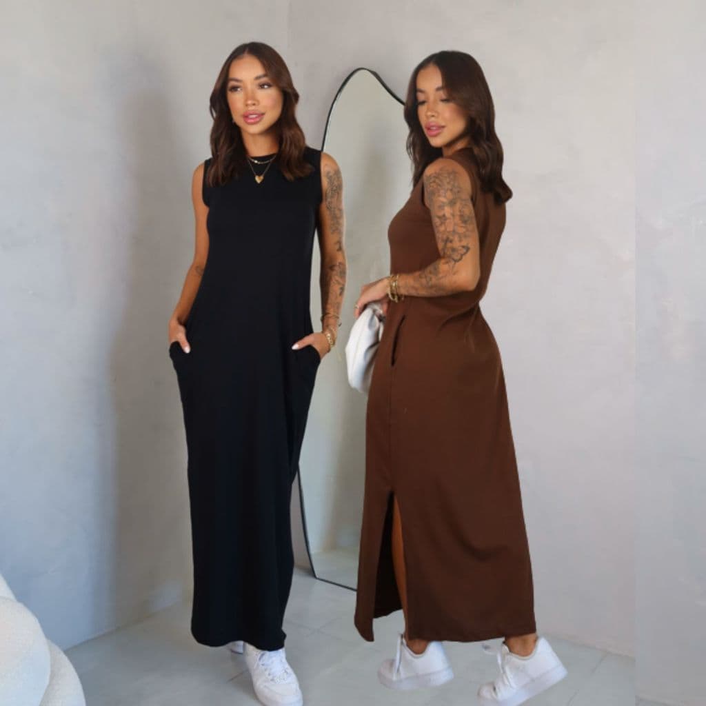 Vestido Feminino Longo Com Bolso e Fenda Laterais Cavado Algodão blogueira