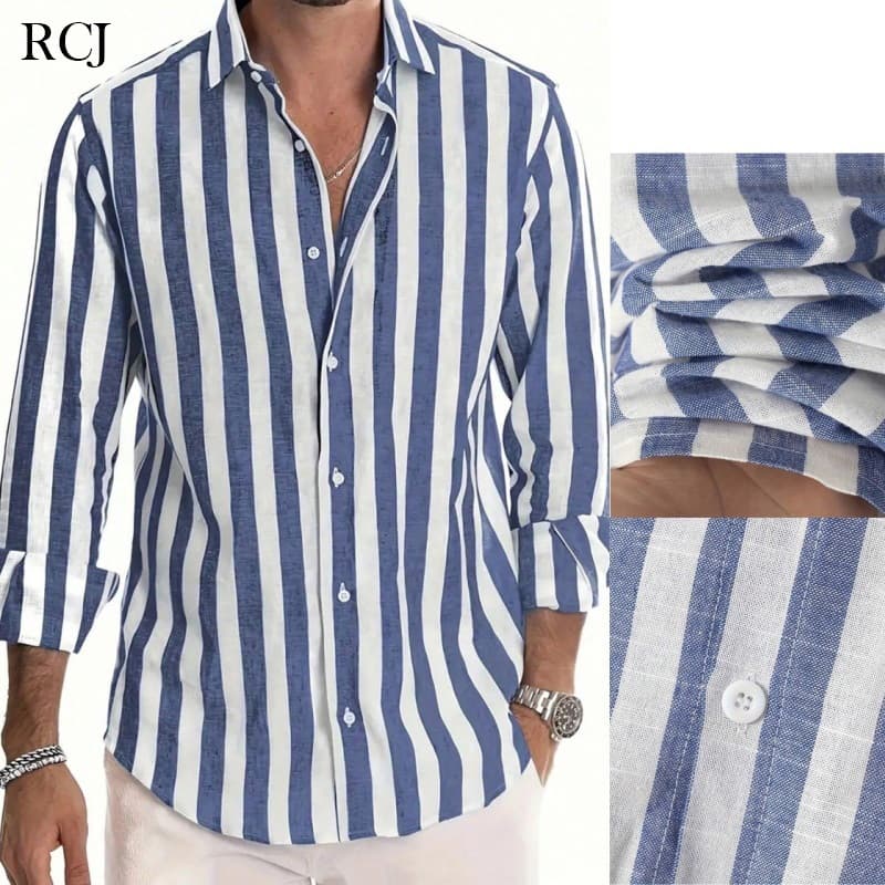 Camisa Social Masculina Manga Longa Linho Slim Fit de Cores Verão Com Listras E Linho Gola Botão Casual