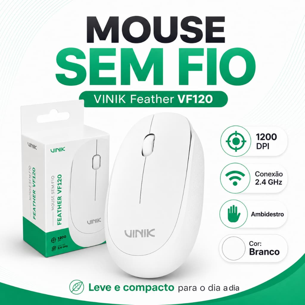 Mouse Sem Fio Branco Ambidestro Vinik Feather VF120 1200 DPI USB 2.4GHz Home Office
