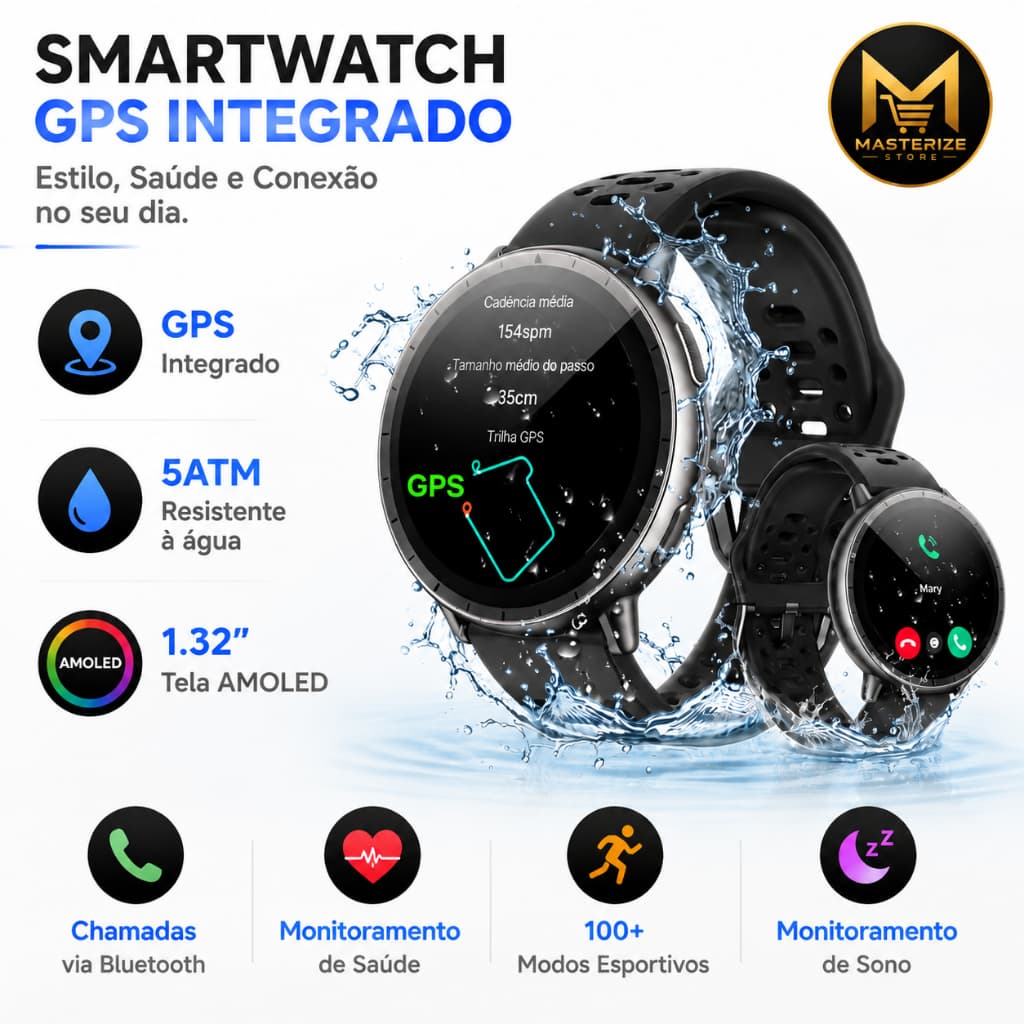 Smartwatch Relógio Inteligente 1.32'' AMOLED GPS Integrado 5ATM Chamadas Bluetooth Monitoramento de Saúde Completo