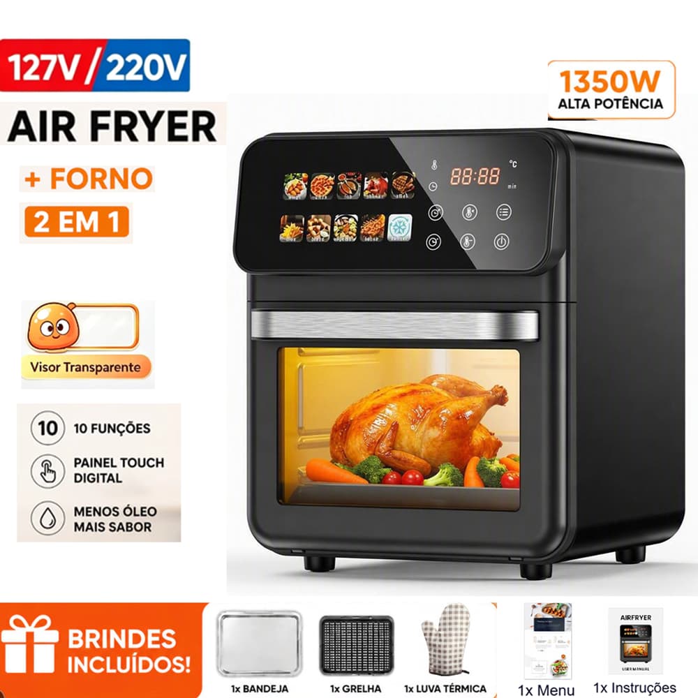 127V/220V Air Fryer Oven 10L 2 em 1 Forno Elétrico Fritadeira Sem Óleo 10 Funções Painel Touch Digital D15