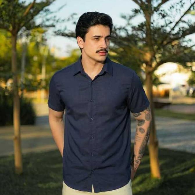 Camisa Masculina Social Manga Curta Com Elastano Slim Não Amassa Inteligente