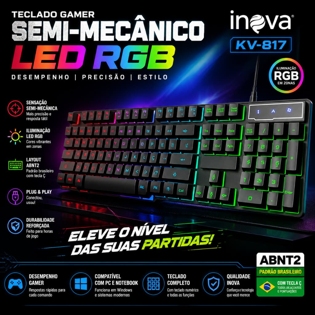 Teclado Computador Gamer Semi-Mecânico Led Rgb Notebook Abnt2