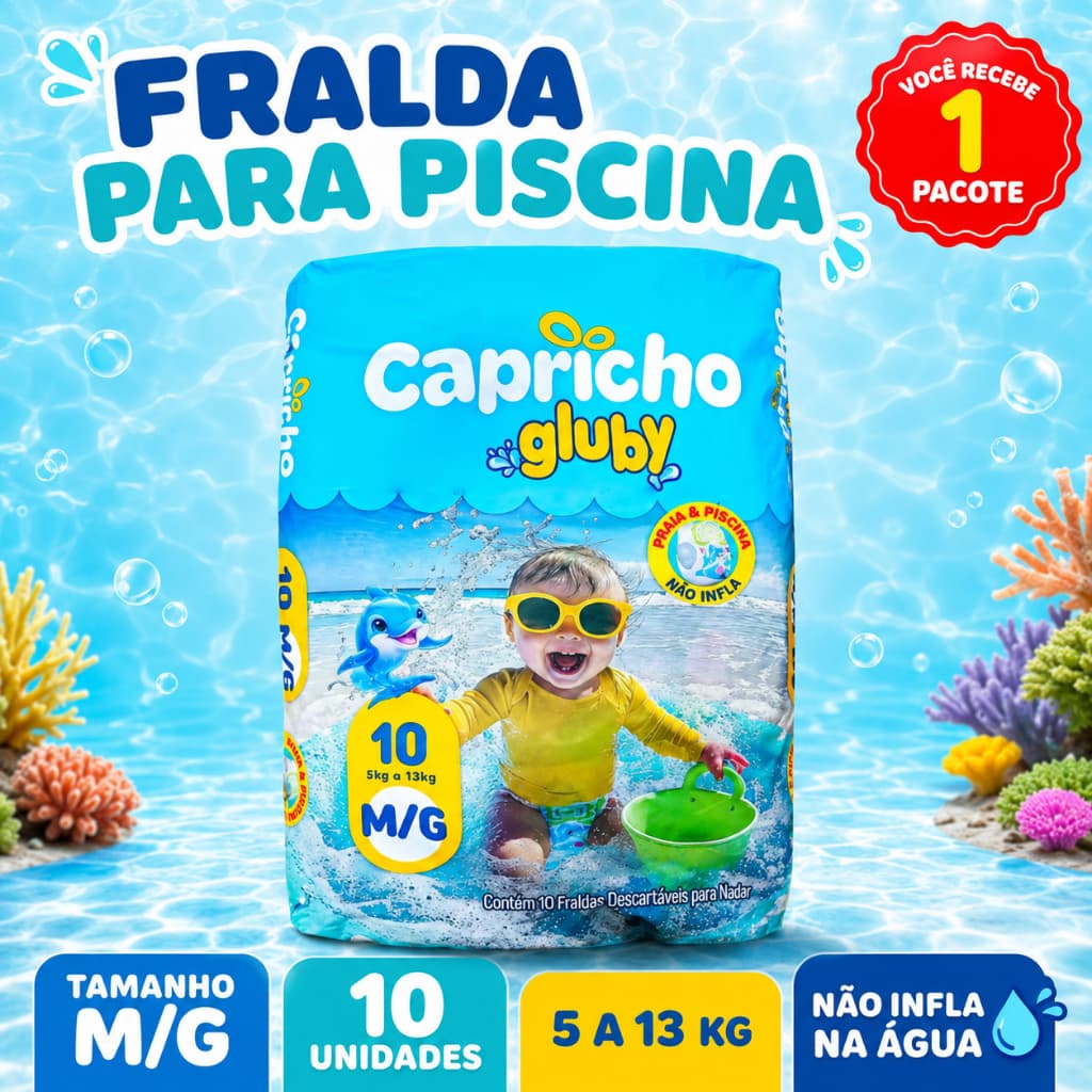 Fralda Capricho Gluby Tamanho M/G Praia e Piscina 5kg a 13kg