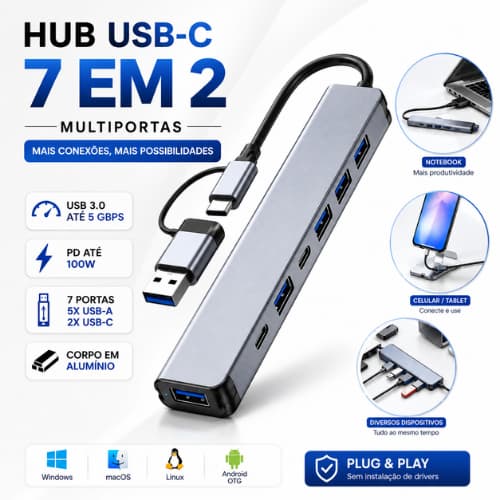 Hub USB-C 7 em 2 USB 3.0 5Gbps PD 100W Multiportas para Notebook MacBook PC Celular Tablet OTG Windows Mac Linux Android