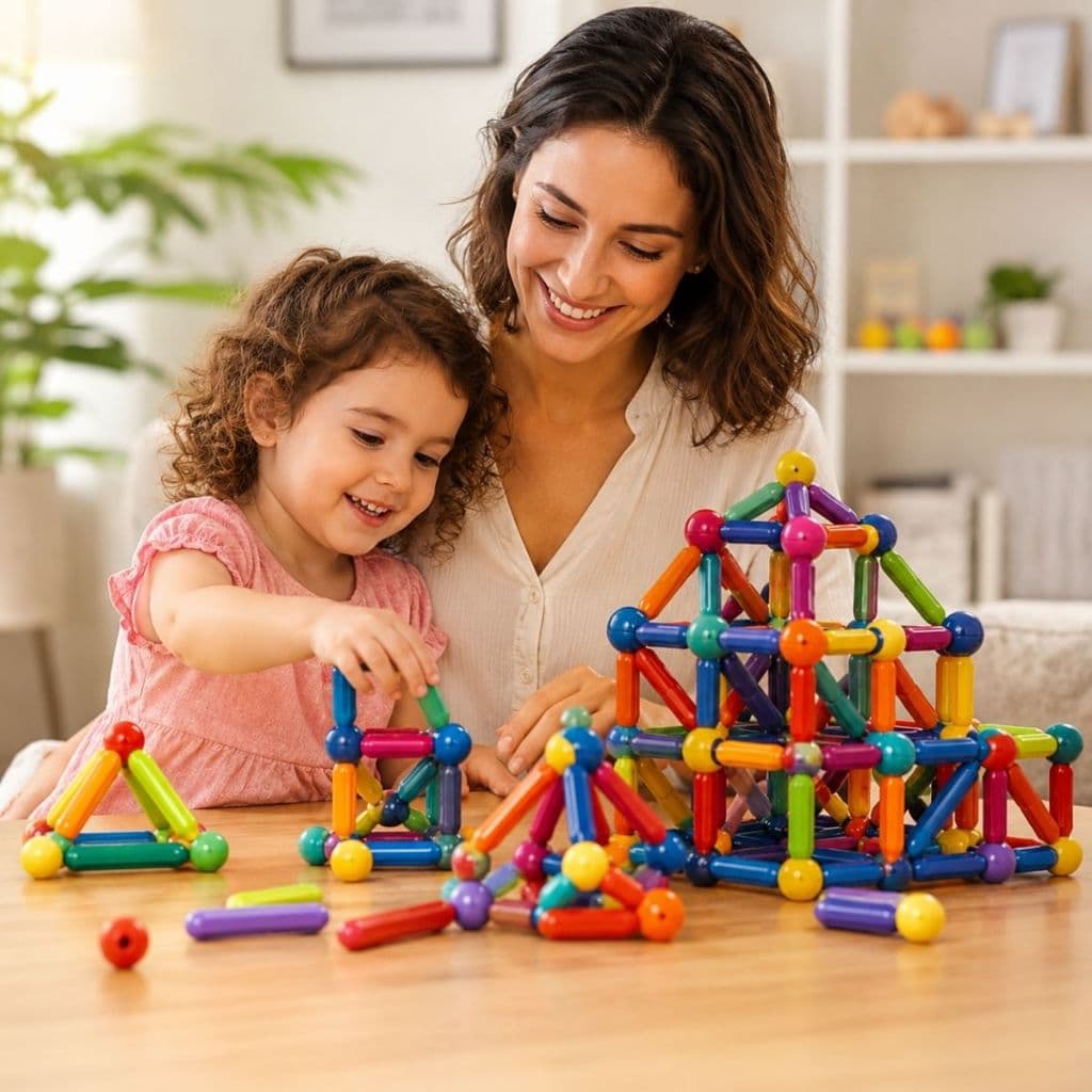 Blocos Magnéticos 52/66 Peças Barras e Bolas Brinquedo Educativo Montagem Criativa Moderno 3D