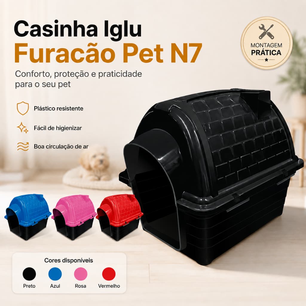 Casinha para Cachorro Furacão Pet N7 Tipo Iglu Plástica Resistente Desmontável Porte Pequeno e Médio