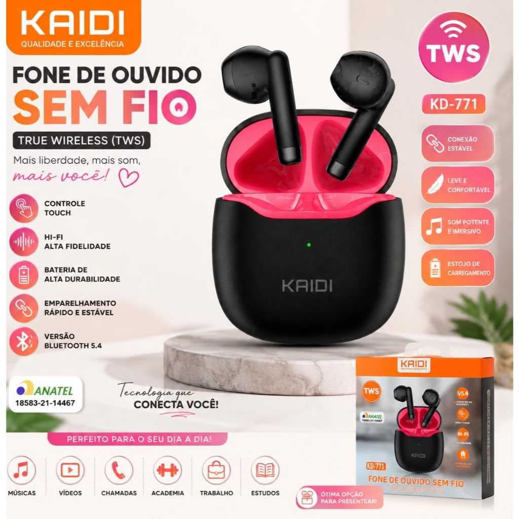 fone de ouvido, fone sem fio, fone Bluetooth, fone TWS, fone Kaidi, Kaidi KD-771, fone Bluetooth Kaidi, fone de ouvido