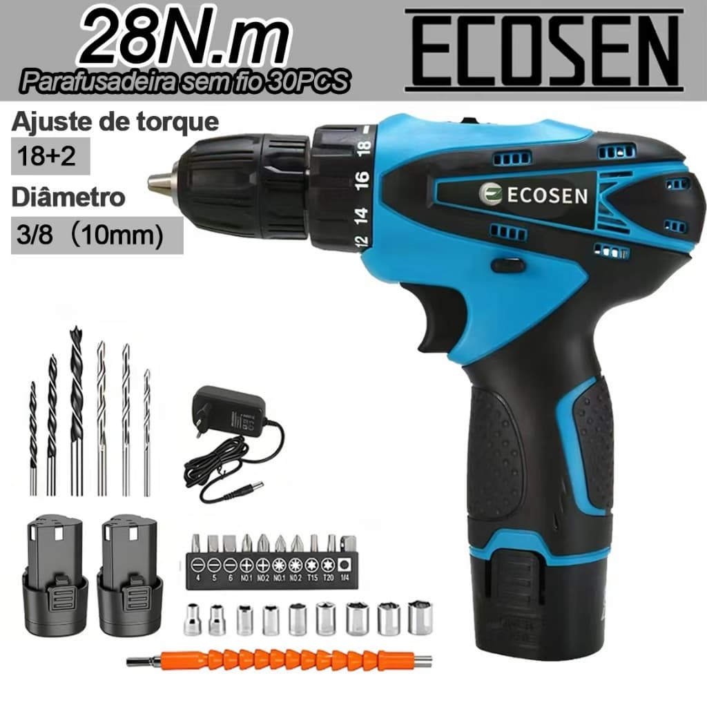 Parafusadeira Furadeira Sem Fio 12V 2 Velocidades Bivolt Kit 2 Baterias Acessórios Para CasaReparos Domésticos