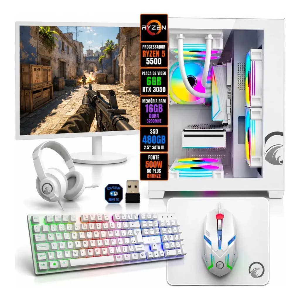 Computador Pc Gamer Ryzen5 5500 Rtx3050 16gb 480ssd Monitor 19 Combo Gamer Teclado Mouse Headset Mousepad