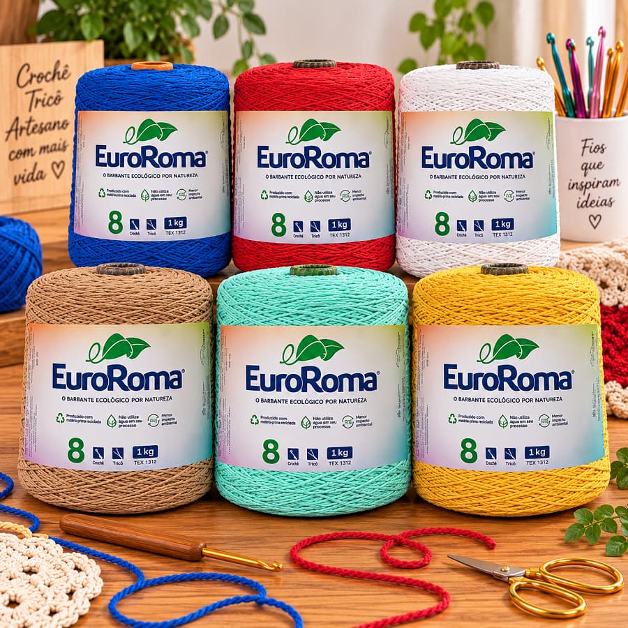 Kit 6 Barbantes EuroRoma 1kg Fio 8 Coloridos para Crochê Tricô Artesanato Escolha suas Cores