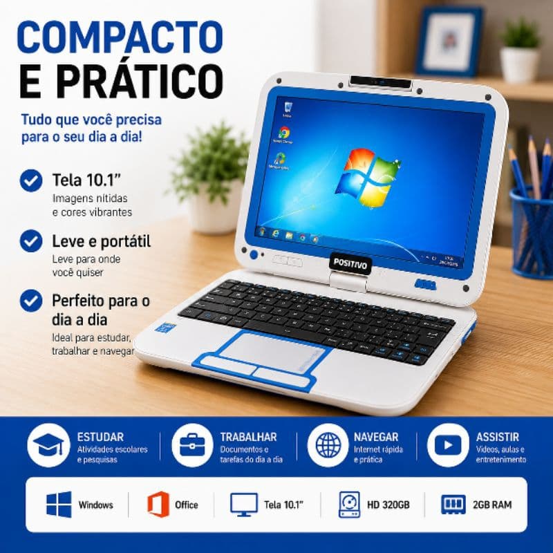 Notebook Positivo 2 em 1 Windows + Office Tela 10.1 HD 320GB Para Estudar Trabalhar Pesquisa