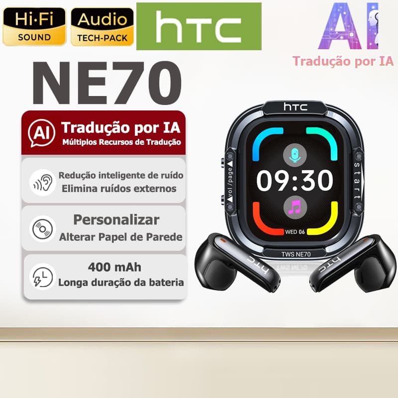Fones de ouvido Bluetooth com tradução por IA HTC NE70, acabamento eletroplacado, sem fio, Bluetooth 6.0, qualidade de
