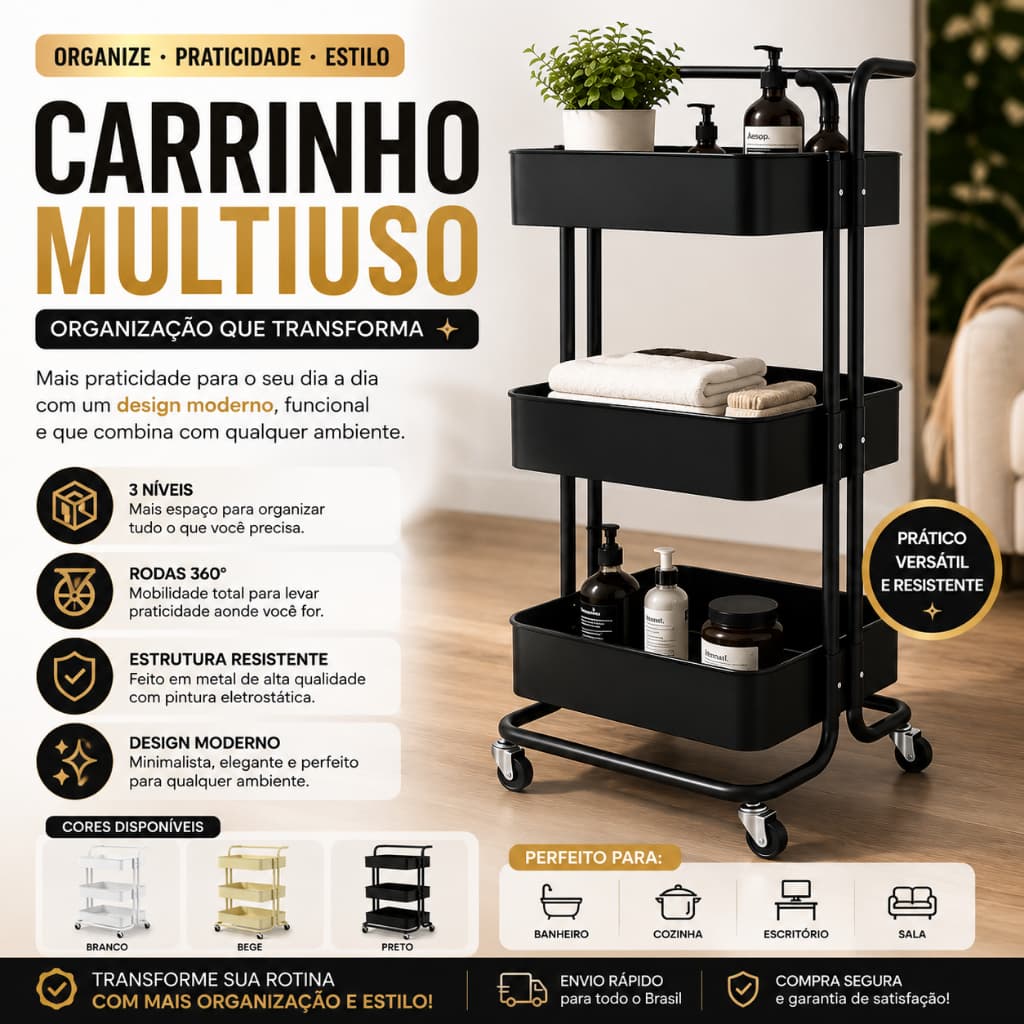 Carrinho Organizador Portátil Multiuso Com Rodinhas 360° em Aço  - Banheiro, Cozinha, Sala de Estar,  Quarto