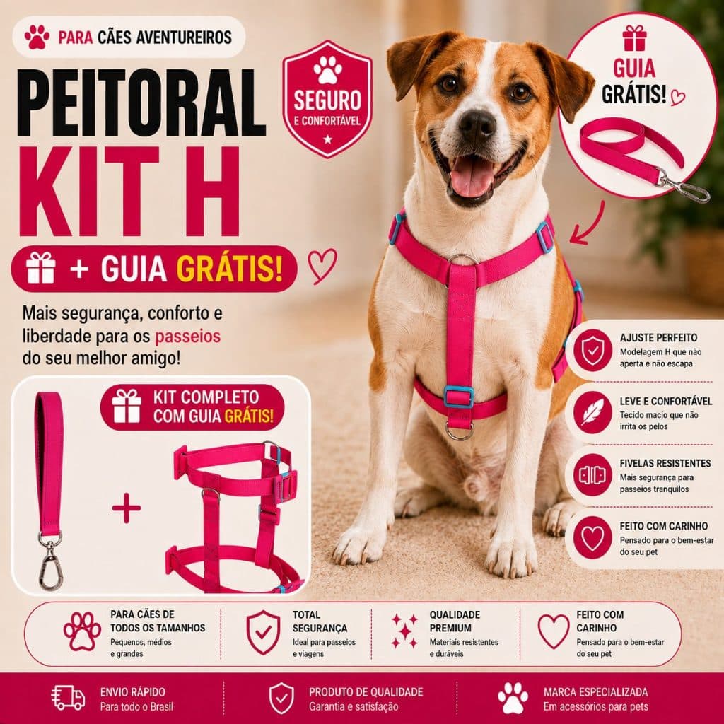 Kit Peitoral H + Guia GRÁTIS para cães - todas raças e tamanhos - Bulldog - Pug - Shitzu - Lhasa