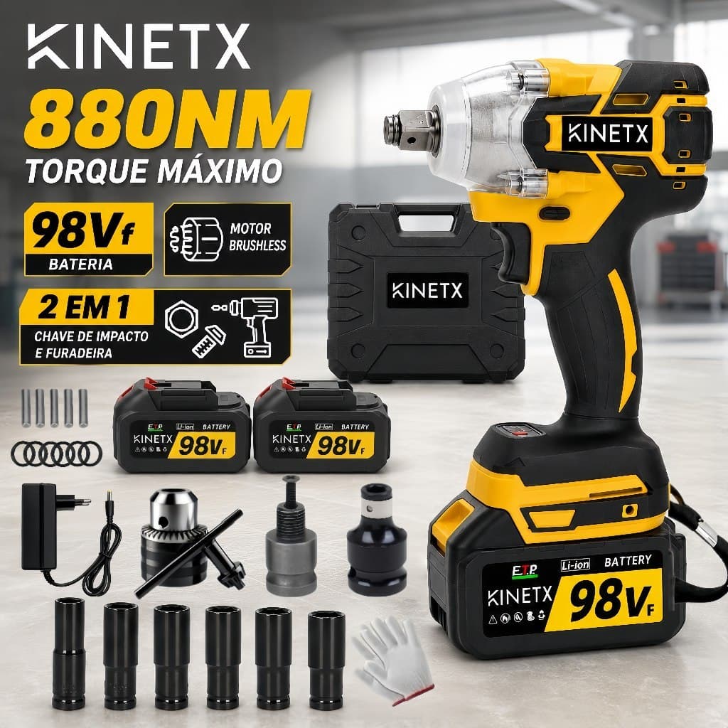 Chave de Impacto a Bateria 880NM Brushless 98Vf KINETX Parafusadeira Furadeira 2 em 1 + 2 Baterias e Acessórios