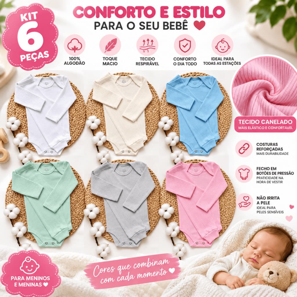 Kit Bebê 4 Peças Body Manga Longa Mijão RN ao G Algodão Canelado Roupa Bebê Menino Menina