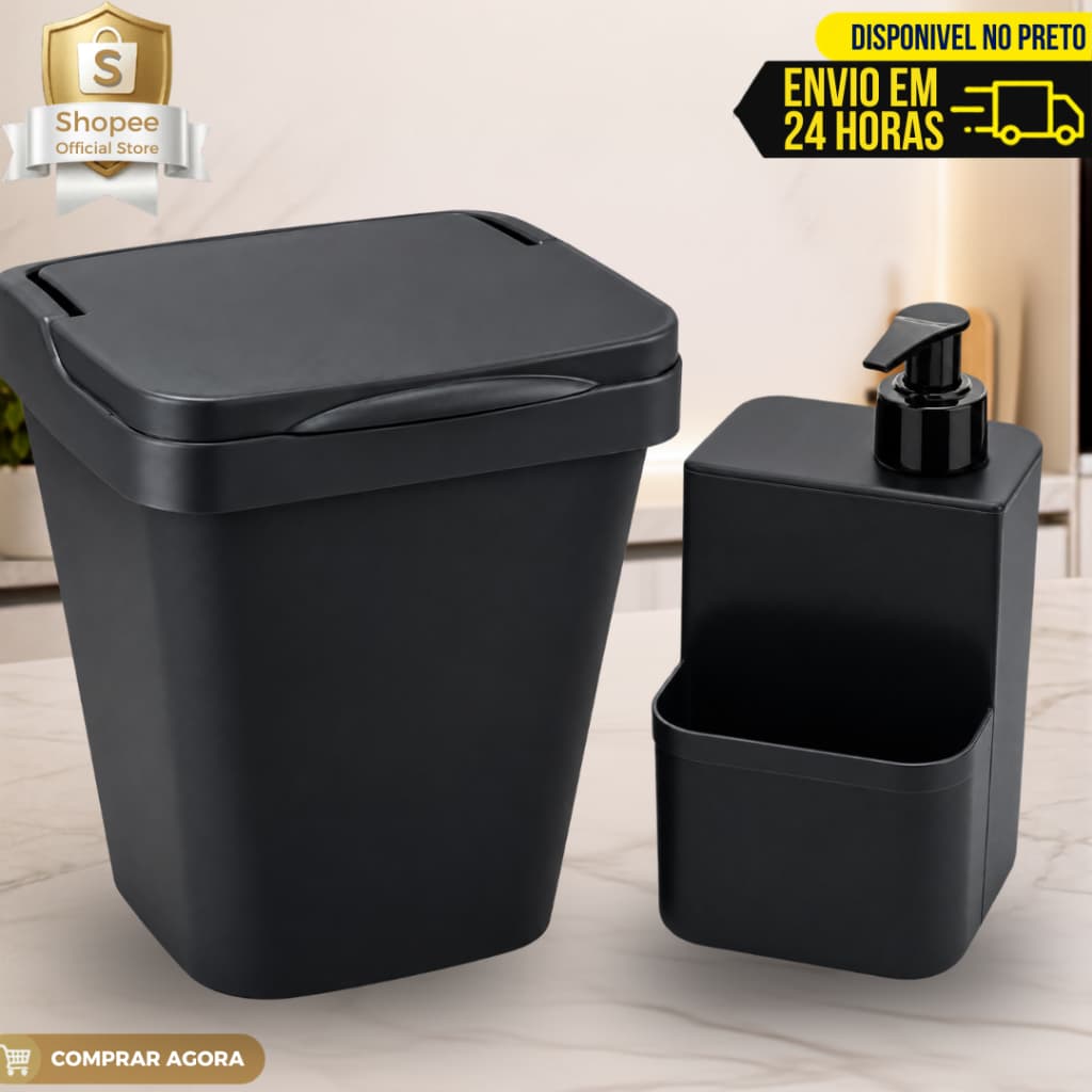 Kit Lixeira Cozinha 4,8L + Porta Detergente Organizador Multiuso Resistente