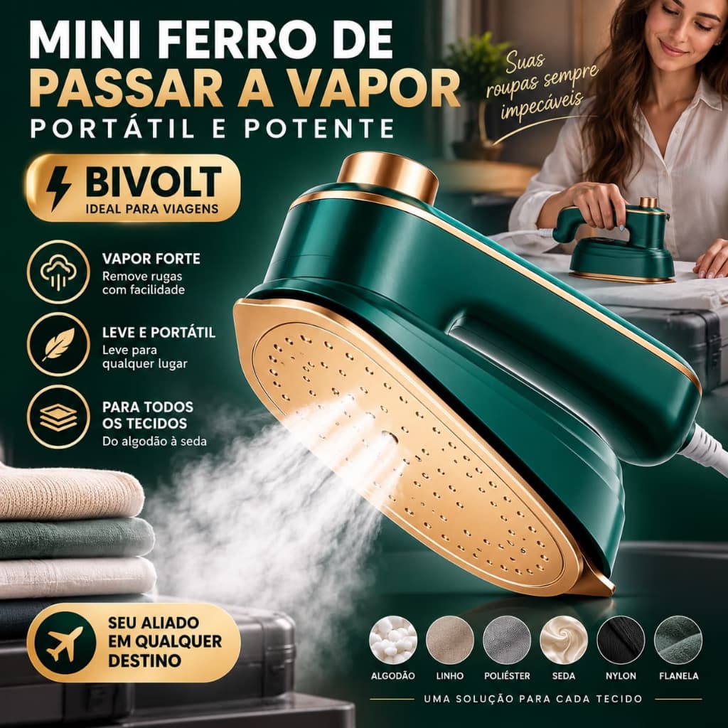 Mini Ferro de Passar a Vapor Portátil Bivolt Vapor Forte para Todos os Tecidos Ideal para Viagens e Casa