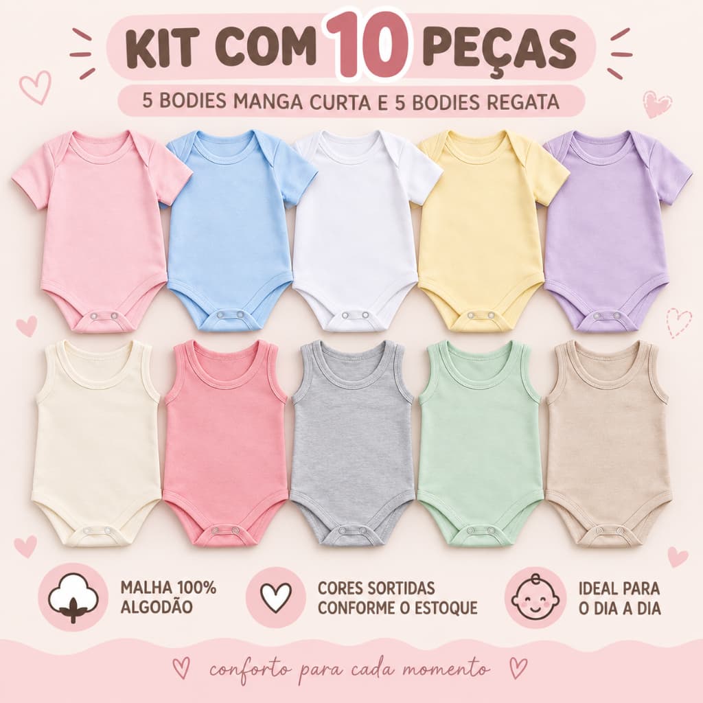 Kit Enxoval 10 Peças Bodys Bebê Infantil 5 Manga Curta + 5 Regata Lisos 100% Algodão Menino Menina