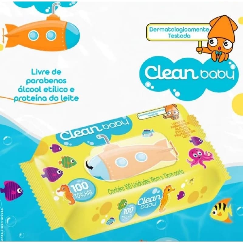 Toalha Umedecida Clean Baby 100 Unidades – Caixa com 12 Pacotes – Lenço Umedecido para Bebê