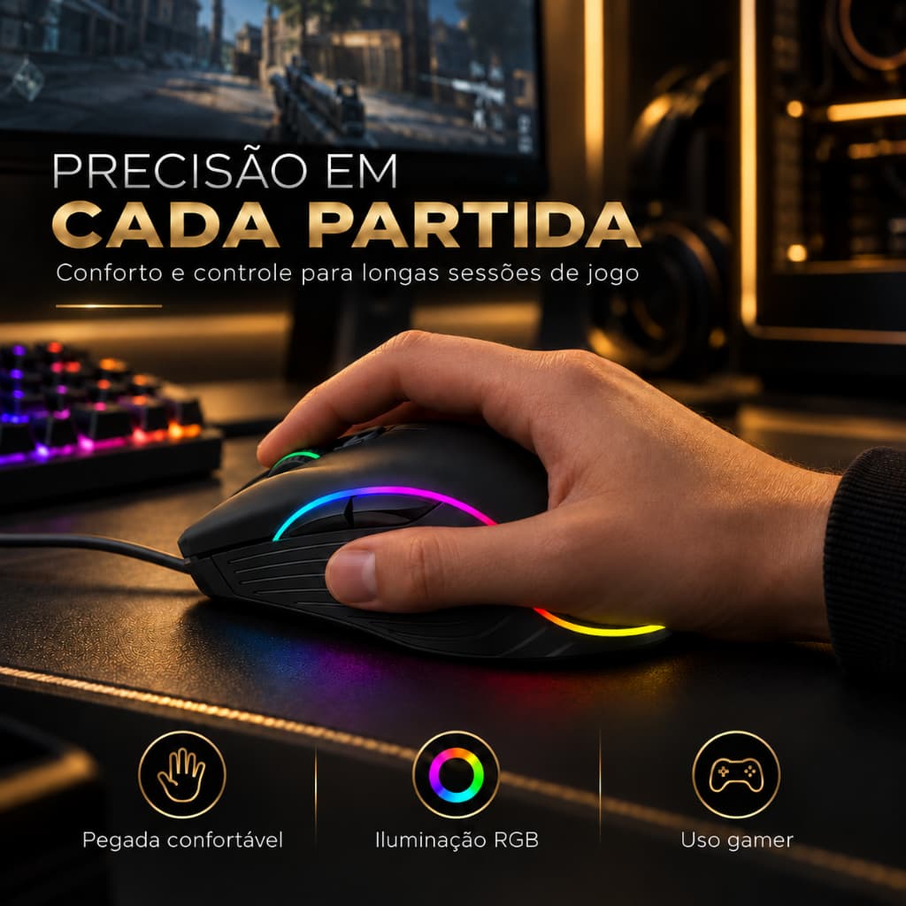 Mouse Gamer Ergonômico RGB Anubis 4800 DPI Alta Precisão 5 Botões Profissional para PC Notebook