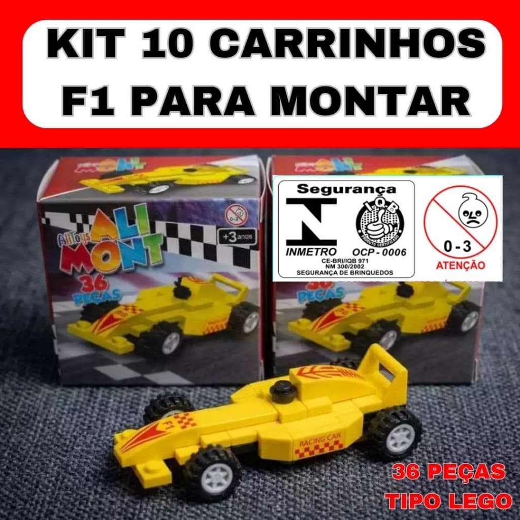 KIT Com 10 Carrinhos Fórmula 1 Para Montar - Blocos Tipo Lego - Amarelo 36 Peças - Divertido +Desenvolvimento Motor + QI