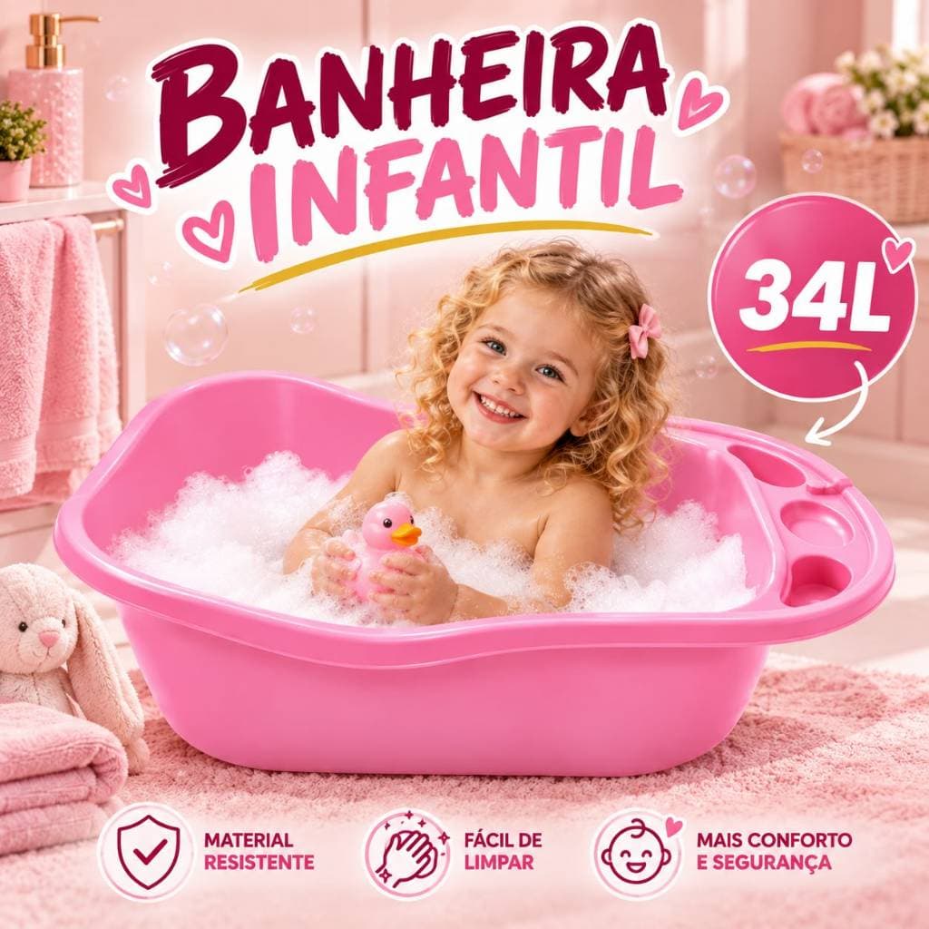 Banheira Rosa Infantil 34L Grande para Bebê e Criança com Porta Objetos e Suporte Shampoo