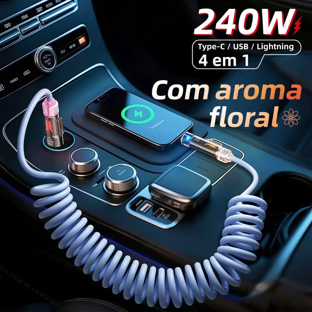 Cabo carregador espiral veicular turbo 4‑em‑1 240w, tipo‑c lightning usb para android e ios