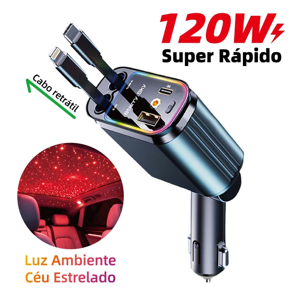 Carregador veicular turbo 120W 4‑em‑1 cabo retrátil luz LED ambiente, isqueiro 12V/24V de carro para iPhone e Android