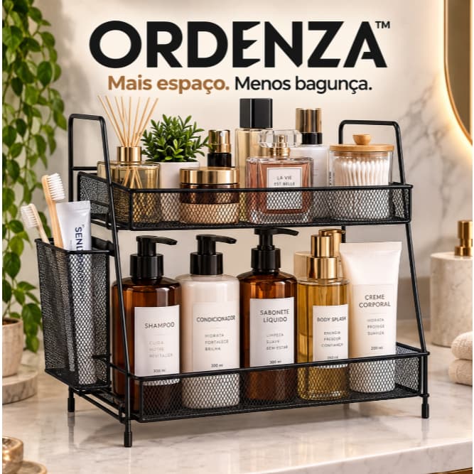 Organizador Multiuso ORDENZA 2 Andares Aramado Preto Porta Objetos Cozinha Banheiro Escritório
