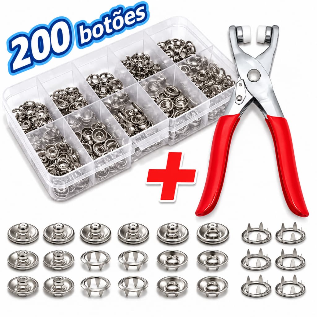 Alicate Aplicador Para Botão De Metal De Pressão Roupa Bebe com 200 botões de roupas