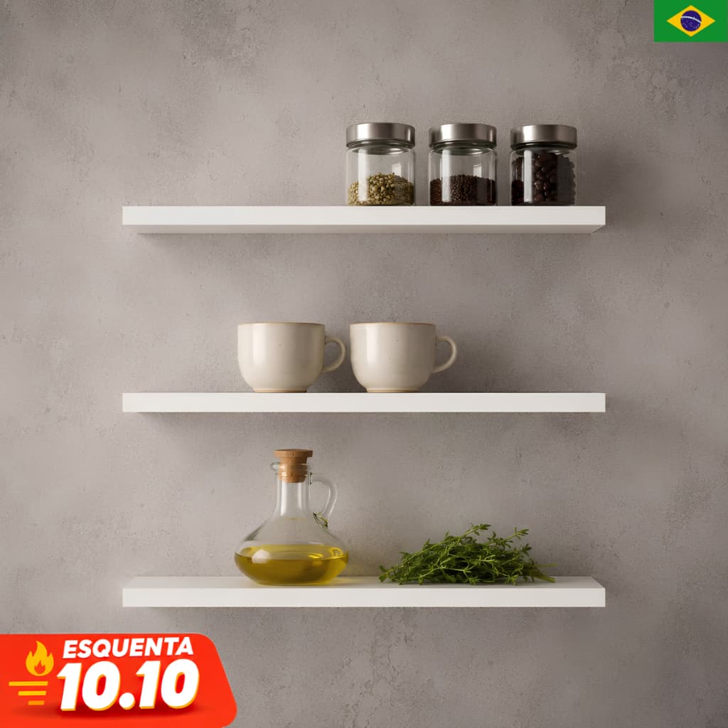 Kit 3 Prateleira Flutuante MDF Branca ou Amadeirado 60cm com Suporte Invisível Parede Cozinha Sala Quarto