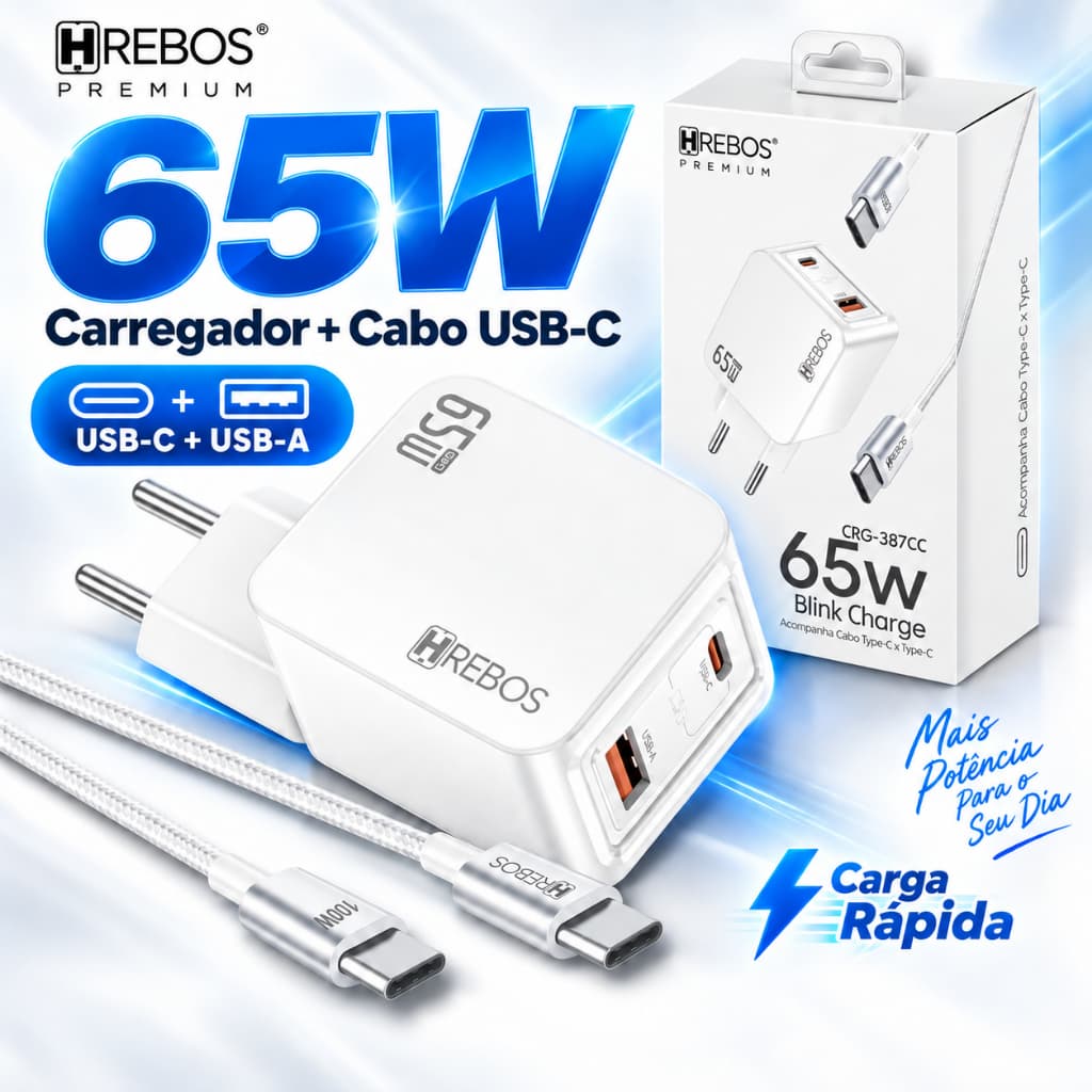 Carregador Celular Turbo 65W USB-C PD + USB com Cabo Type-C Carga Rápida Carregador Rapido Gan