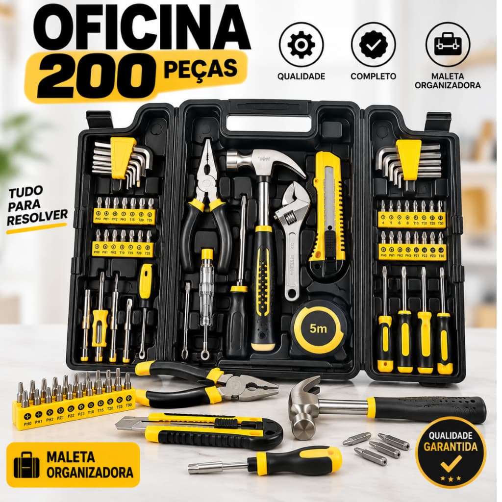 Jogo de Ferramentas OFFICINA 200 Peças com Maleta Kit Completo Chaves Alicates Soquetes para Casa e Oficina