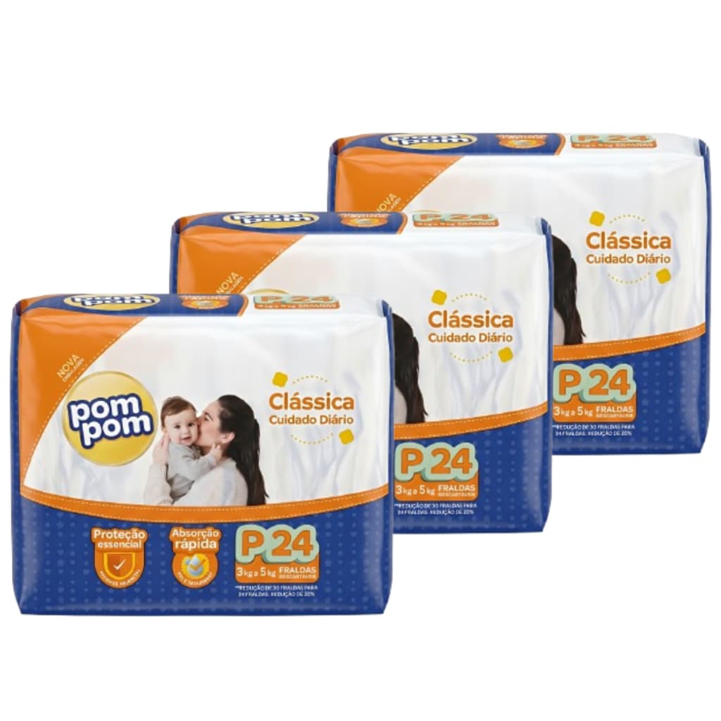 Kit 3 Fralda Descartável Pom Pom Clássica Tamanho P Pacote Jumbo - Totalizando 72 Unidades