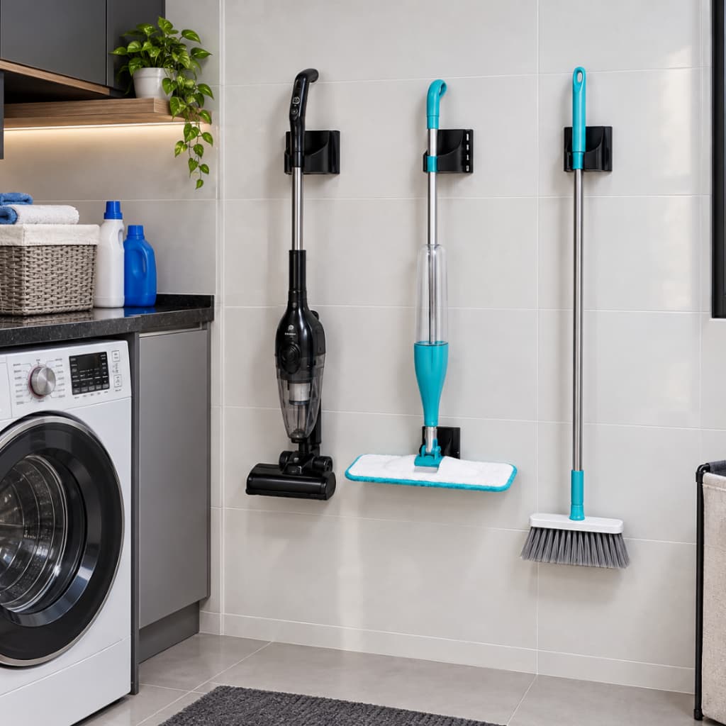 kit com 3 un suporte de parede para aspirador de po vertical | mop | rodo | preto compativel com diversas marcas