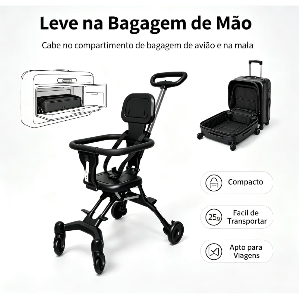 Carrinho de Bebê Dobrável Ultralight 3,5kg Portátil para Viagem 6 a 36 Meses Arnês 5 Pontos Rodas 360°  Descrição
