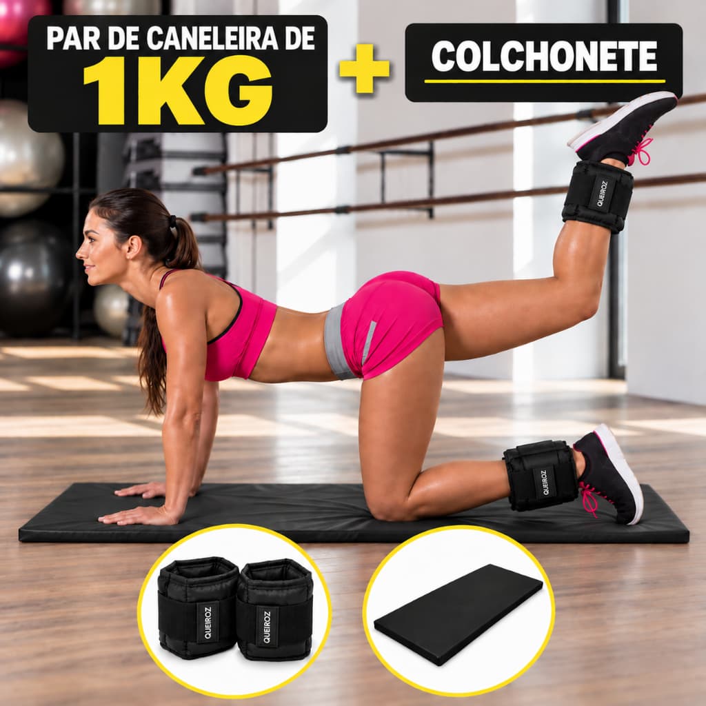 Kit Par de Caneleiras 1kg + Colchonete Preto Academia Treino Fitness Musculação