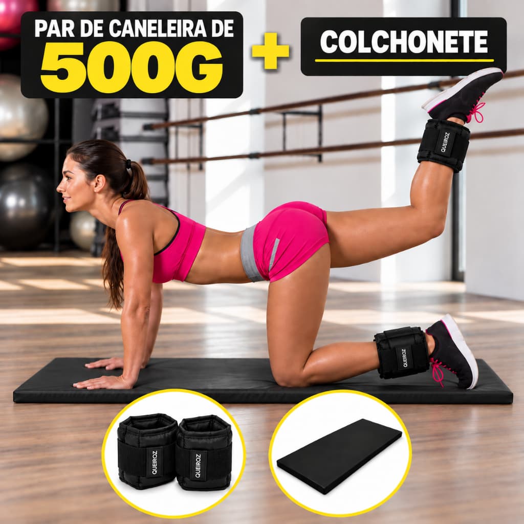Kit Par de Caneleiras 500g + Colchonete Preto Academia Treino Fitness Musculação