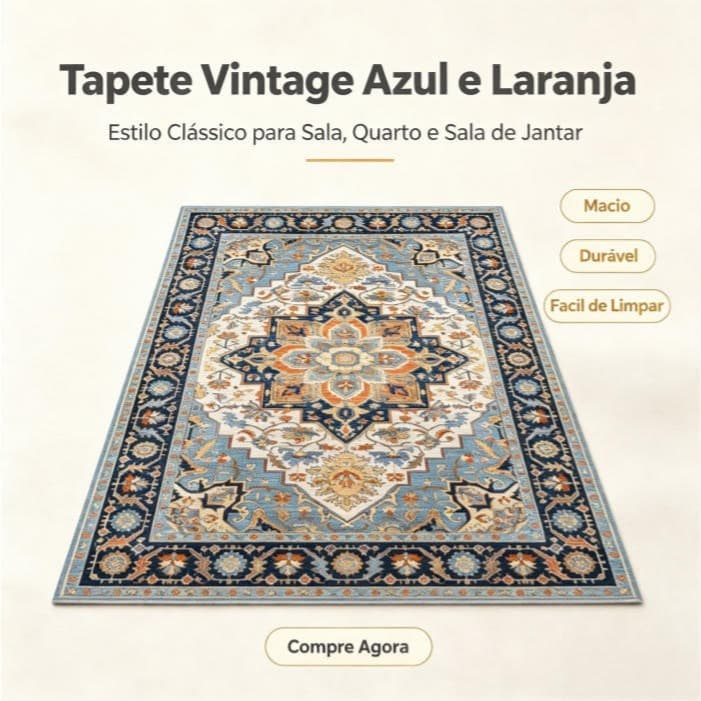 Tapete Vintage Persa 155x95cm Antiderrapante Lavável para Sala Quarto Decoração Casa