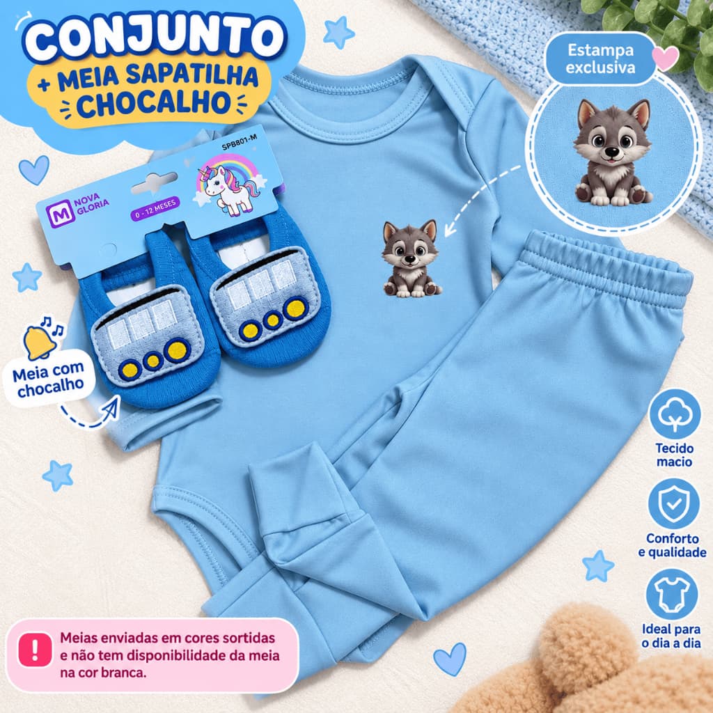 Kit Bebê Lobinho menino  3 Peças Body Manga Longa Mijão Vira Pé Meia Sapatilha Chocalho Enxoval