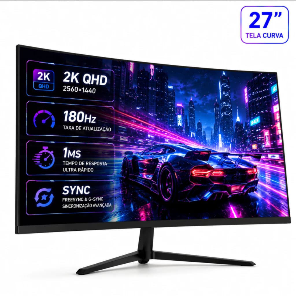 Monitor Gamer Curvo 27" 2K QHD 180Hz 1ms | Adaptive Sync, Borda Fina, HDMI/DP, Ajuste de Inclinação para Setup