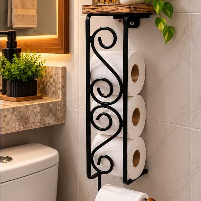 Porta Papel Higiênico de Parede com Prateleira de Madeira Rústica Suporte para 4 Rolos Preto Fosco Organizador