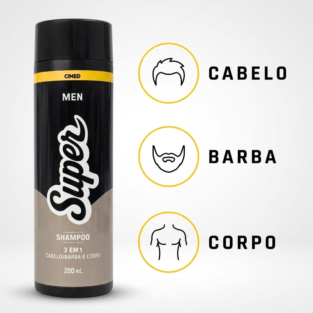 Shampoo 3 em 1 Masculino Cimed Super Men 200ml Cabelo Barba e Corpo Sabonete Líquido Shampoo para Barba Hidratante