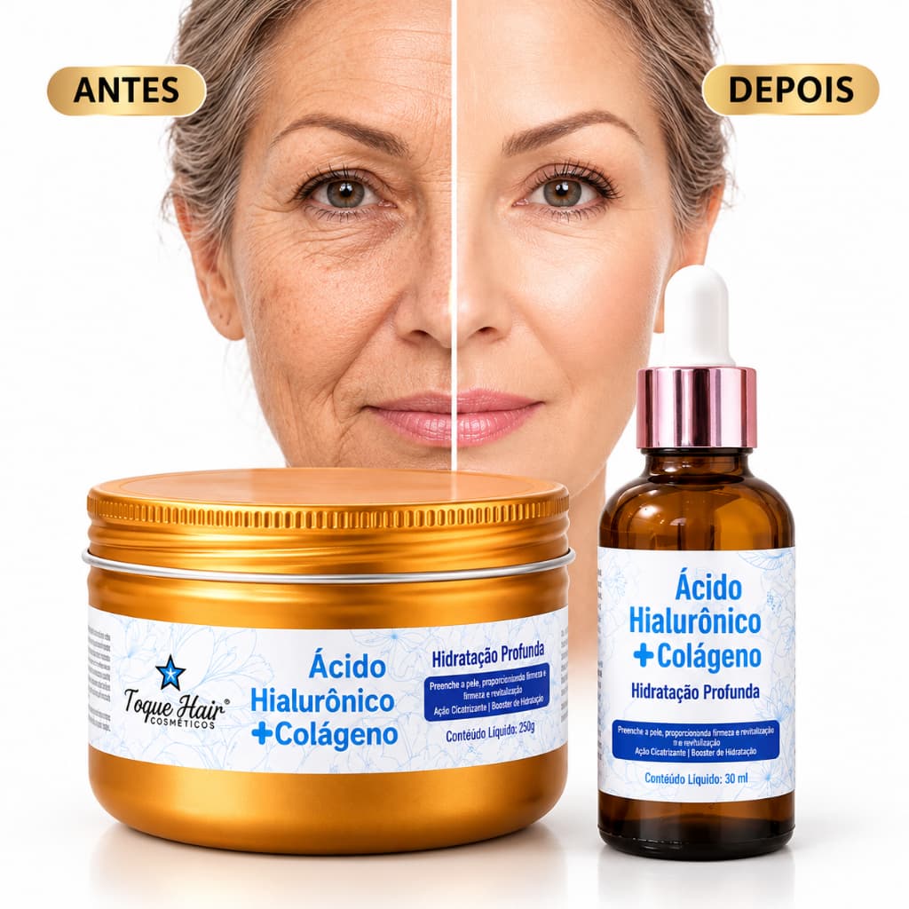 Kit Creme Facial Ácido Hialurônico + Colágeno 100g + Sérum Facial 30ml Hidrata Anti Idade Rejuvenescedor